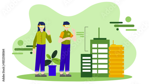 VR Used for Architectural Site Walkthroughs. Business Flat Vector Illustration