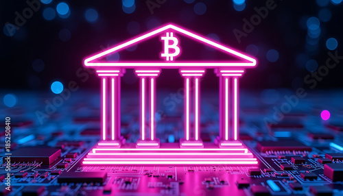 Neon Bitcoin Bank Icon on Circuit Board Representing Crypto Banking