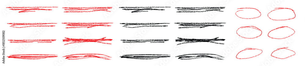 Obraz premium Red and black underline. Scribble marker or pencil strokes, scribble stroke pencil lines. Vector set of red hand drawn crayon underline marks and strokes with rough textured sketchy lines. 