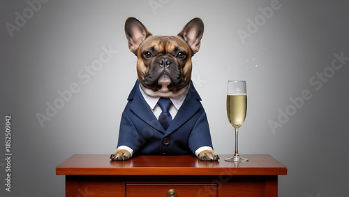 A Dapper French Bulldog in a Suit Sitting at a Table with a Glass of Champagne
