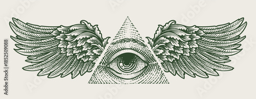 Vintage Engraving Vector Illustration of Winged All Seeing Eye within Triangle Masonic Symbol