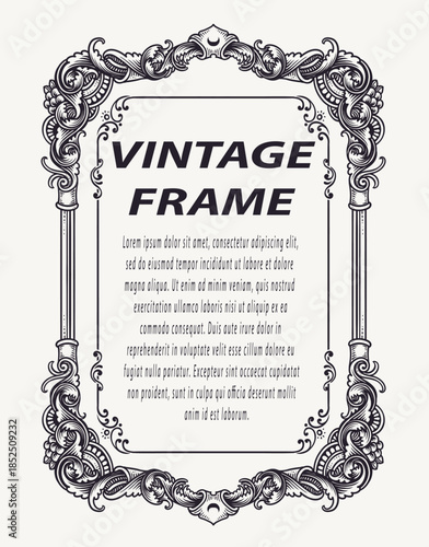 Vintage border frame engraving with antique floral ornament pattern.