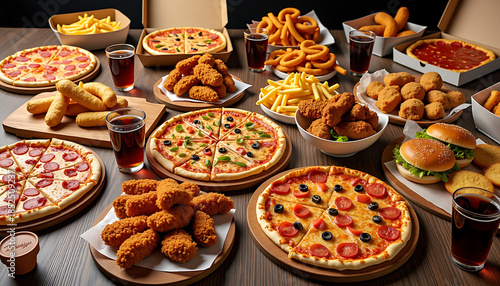 Pizza Party Feast with Burger, Fries and Fried Chicken