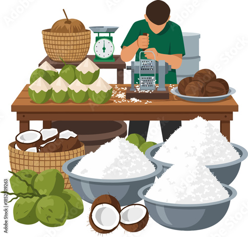 Man Processing Coconut into White Powder.