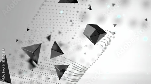 Dynamic Visual of Floating Geometric Particles, Black Triangles, and Dots on Soft Gray Background, Showcasing Modern Abstract Design in Digital Art