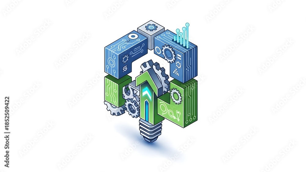 Obraz premium Innovative Technology Concept with Gears and Blocks in Blue and Green