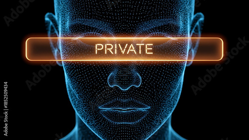 Digital privacy and data security concept, featuring a futuristic glowing human face with an illuminated 'PRIVATE' bar, symbolizing online anonymity and information protection