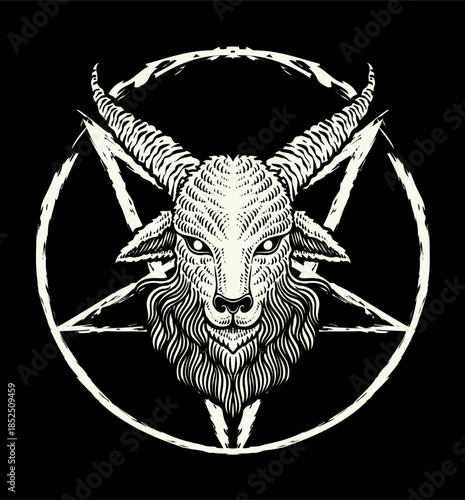 Occult Goat Head Pentagram Symbol Engraving Vector Illustration