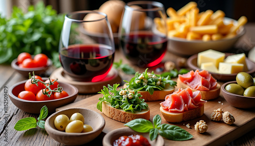 Wine and Italian Antipasto Platter with Bruschetta