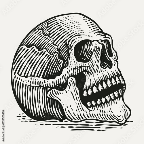 Hand Drawn Vintage Engraving Style Human Skull Vector Illustration