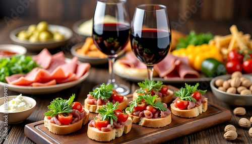 Wine and Italian Antipasto Platter with Bruschetta