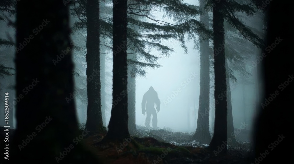 Obraz premium The dense fog conceals secrets within the woodland, creating suspense.