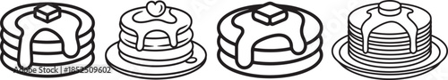 Set of Stack of Pancakes Breakfast Line Art Vector Illustration for Coloring Book Page