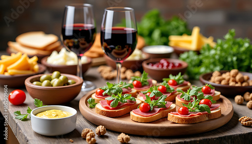 Wine and Italian Antipasto Platter with Bruschetta