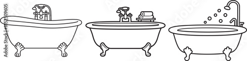Set of Bathtub Line Art Vector Illustration for Coloring Book Page