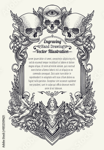 Vintage Engraving Frame With Skulls Angels And Ornamental Baroque Design