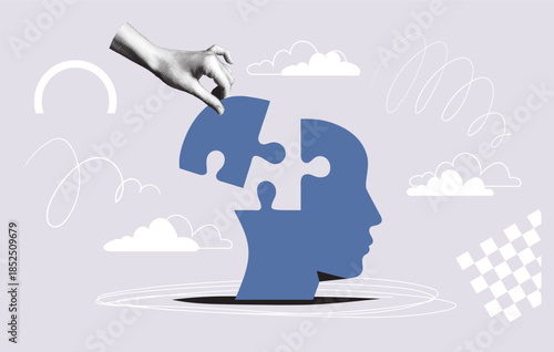 Concept of the thought process, psychotherapy, problem solving, and brainstorming. A hand holds a puzzle piece in the shape of a human head. Flat collage halftone illustration. Vector illustration.