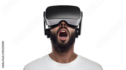 Man wearing virtual reality headset shows intense surprise and awe against a stark for gaming on transparent background
