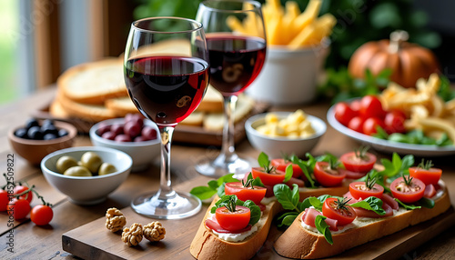Wine and Italian Antipasto Platter with Bruschetta