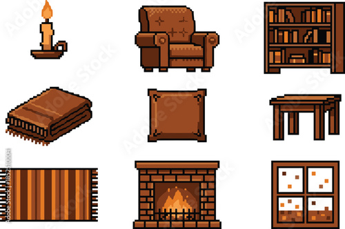 Pixel art cozy furniture icons set with armchair bookshelf table candle fireplace rug window for retro game ui assets pack
