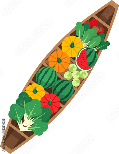 Assorted Vegetables and Fruits in Wooden Boat.