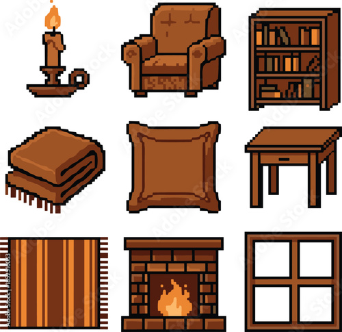 Pixel art cozy furniture icons set with armchair bookshelf table candle fireplace rug window for retro game ui assets pack