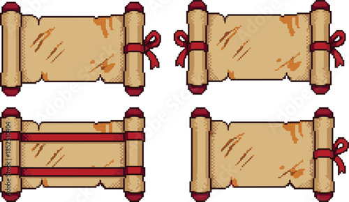 Pixel art parchment scroll frames, medieval fantasy paper banners for retro game ui assets collection pack design template set illustration
