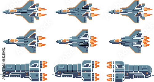 Pixel art spaceship fighter set with sci fi jets rockets engines for retro arcade game ui assets pack collection design