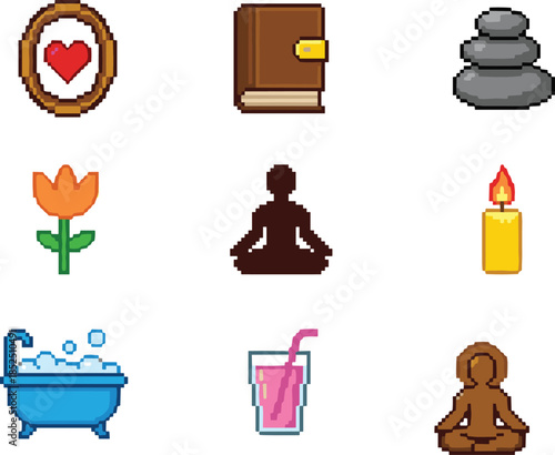 Pixel art wellness self care icons set with meditation candle bath flower book stones heart for calm mindfulness lifestyle collection pack