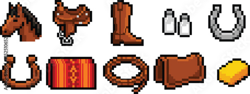 Pixel art western cowboy icons set, horse saddle boots lasso horseshoe gold nugget, retro game ui assets collection pack design