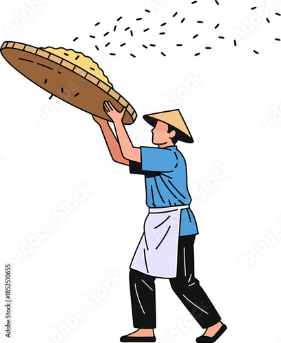 Farmer Winnowing Grain with Basket.