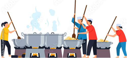 People Cooking in Large Pots Together.