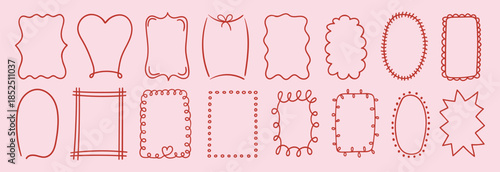 Set of minimal vertical hand drawn frames. Red wavy lines and curly borders for cards, posters, covers, banners or branding. Vector illustration