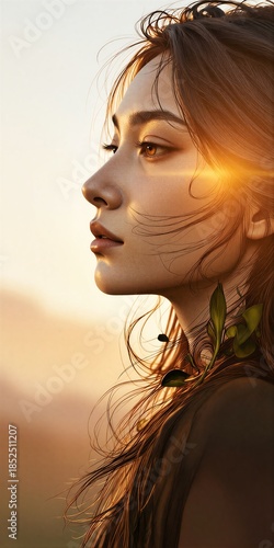Wallpaper Mural Sunlit woman in profile, soft glow, flowing hair, green leaves intertwined. Torontodigital.ca