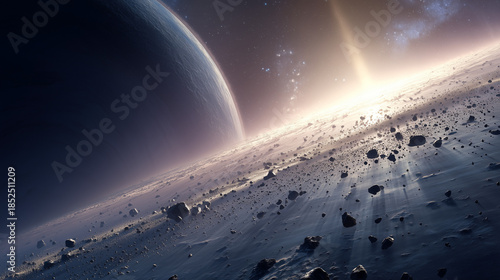 Asteroid Belt in Space with Distant Planet and Star Field