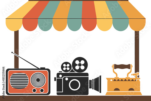 Vintage Radio Camera and Gramophone Illustration.