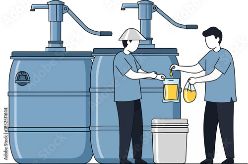 Two Men Handling Industrial Water Containers.