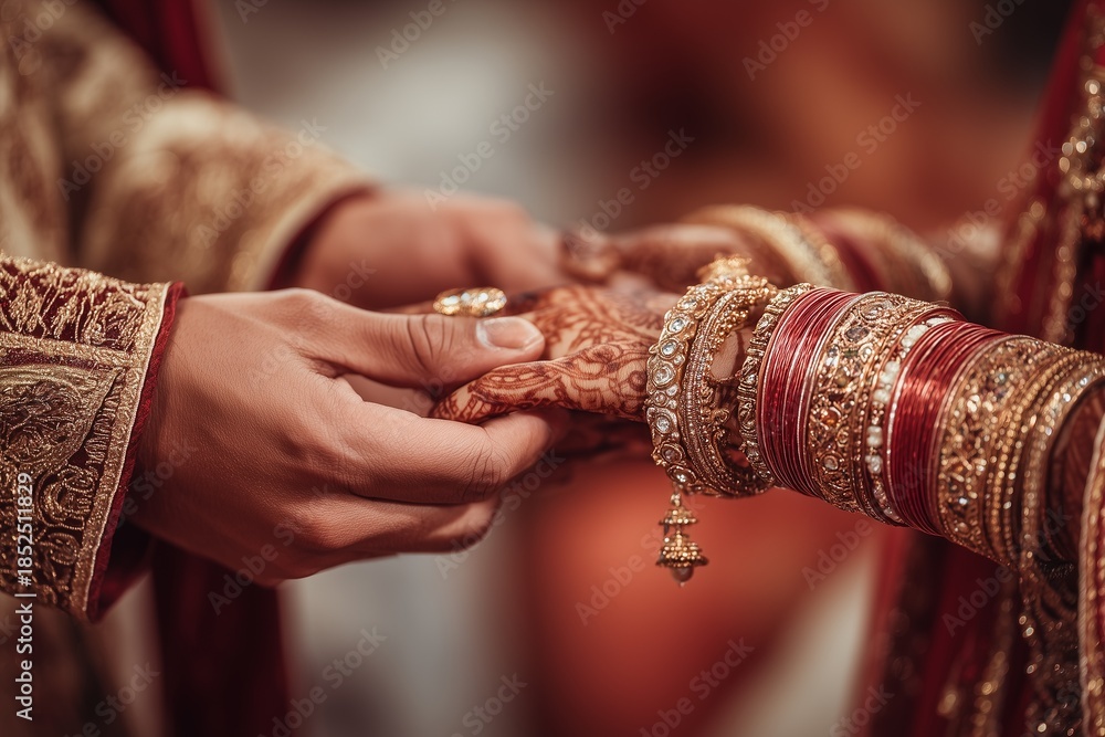 Obraz premium Close-up of hands during a traditional Indian wedding ceremony with ornate jewelry and henna.