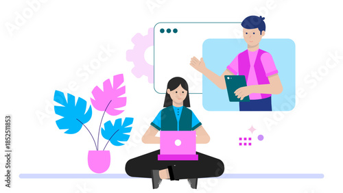 Corporate Team Conduction a Virtual Hackathon. Flat Vector Business Illustration
