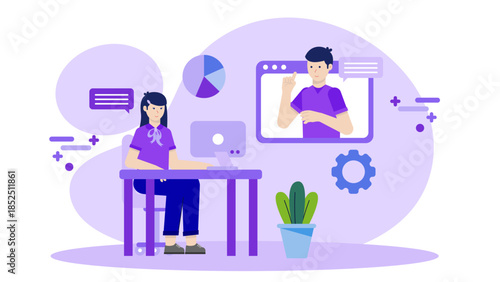 Corporate Team Conduction a Virtual Hackathon. Flat Vector Business Illustration