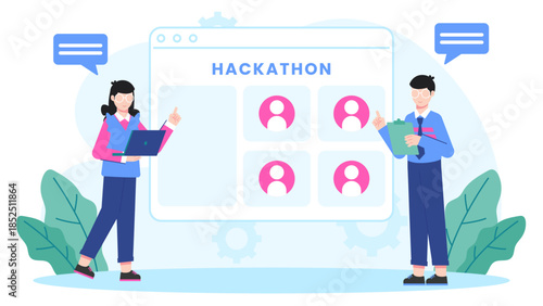 Corporate Team Conduction a Virtual Hackathon. Flat Vector Business Illustration