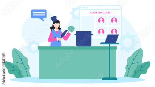 Online Personal Chef Conducting a Cooking Class. Flat Vector Business Illustration