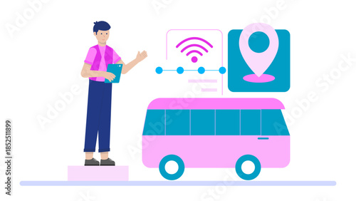 Smart Public Transport System with Live Tracking. Flat Vector Business Illustration