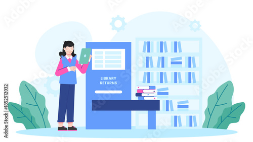 Smart Campus with Automated Library Returns. Flat Vector Business Illustration