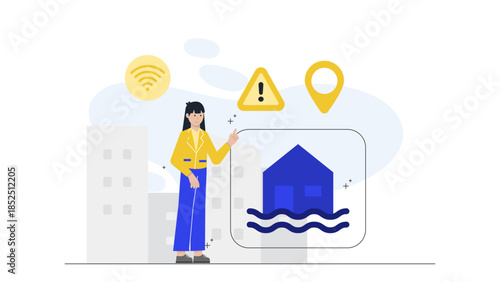 Smart City Deploying Flood Warning Sensors. Flat Vector Business Illustration