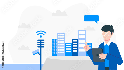 Smart City Deploying Flood Warning Sensors. Flat Vector Business Illustration
