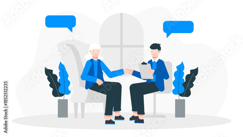 Online Music Therapist Working with Dementia Pantients. Flat Vector Business Illustration