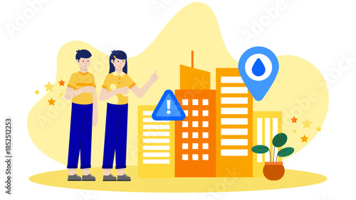 Smart City Deploying Flood Warning Sensors. Flat Vector Business Illustration