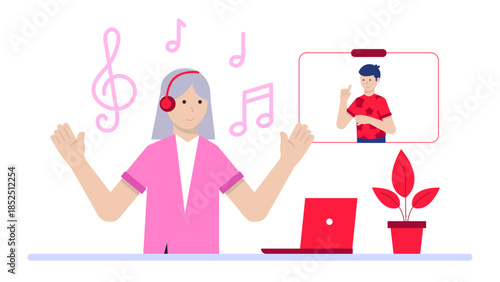 Online Music Therapist Working with Dementia Pantients. Flat Vector Business Illustration