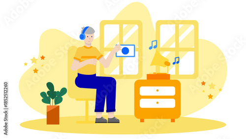 Online Music Therapist Working with Dementia Pantients. Flat Vector Business Illustration